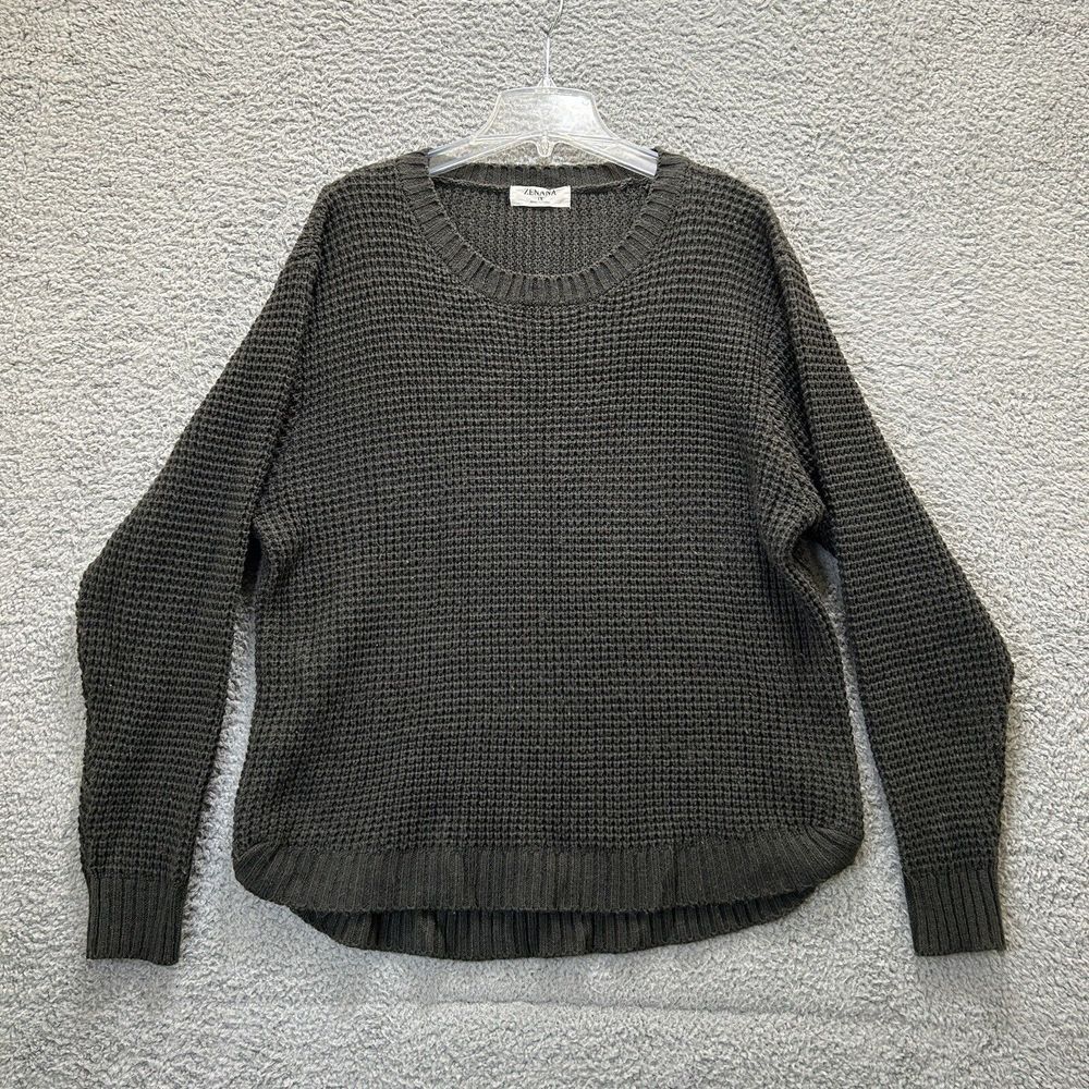Zenana Sweater Womens 1X Black Slouch Waffle Knit Crew Neck Long Sleeve